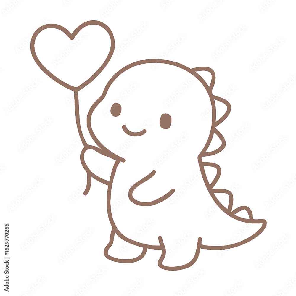 Fototapeta premium Cute dinosaur holding heart balloon adorable cartoon character love and friendship concept simple line art illustration