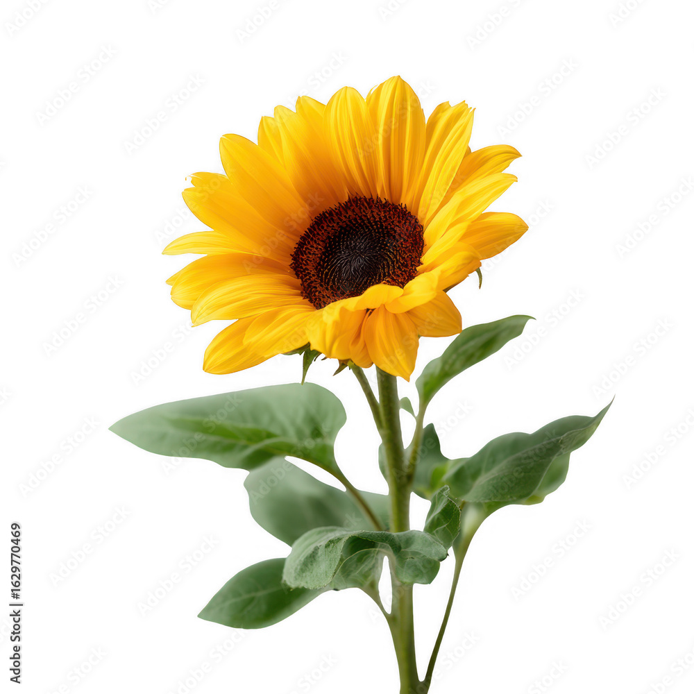 Obraz premium Bright and vibrant sunflower with lush green leaves, showcasing its beautiful petals and rich brown center against a white isolated background.