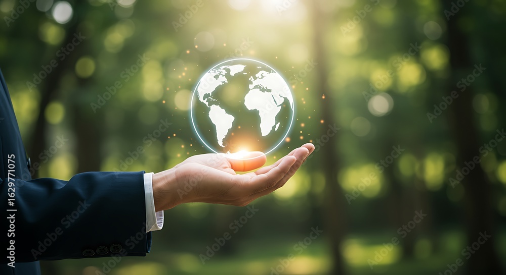 Fototapeta premium Businessman holding a glowing digital globe with light rays in a forest setting hand