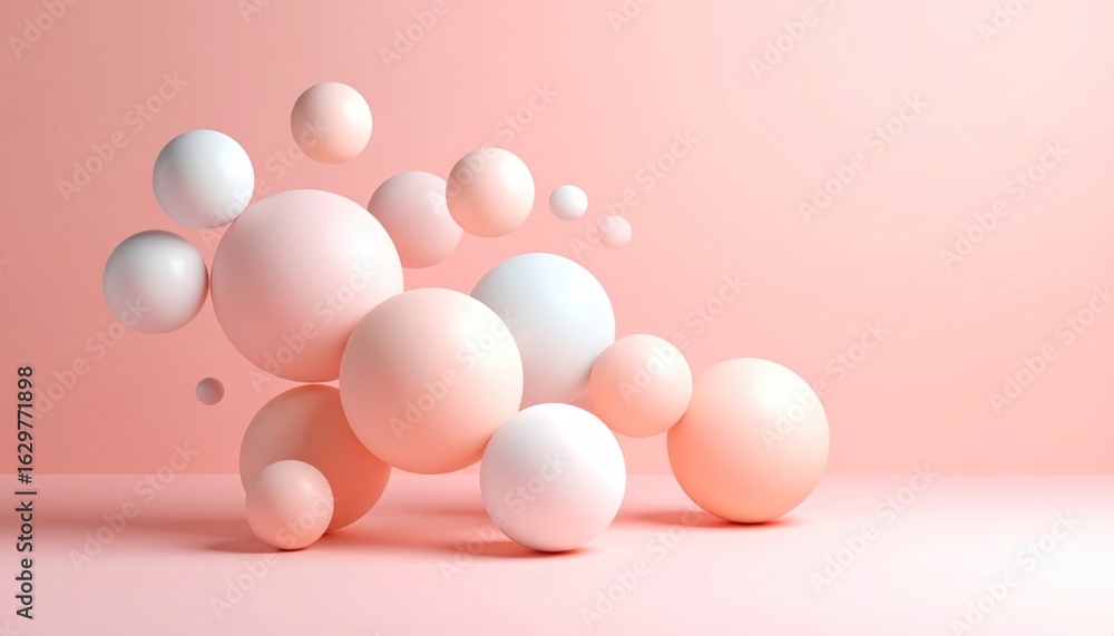 Fototapeta premium Delicate Pastel Spheres Floating Harmoniously Against Coral Gradient Backdrop