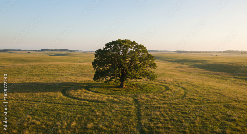 Fototapeta premium A solitary tree stands in a field with a clear blue sky at dusk creating a peaceful landscape view