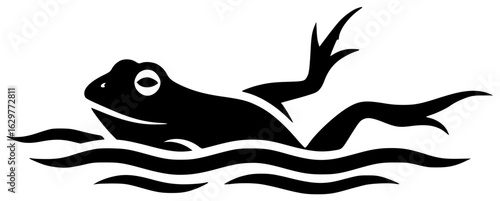 Frog sitting on mushroom and jumping over rock with snail near leaves and water