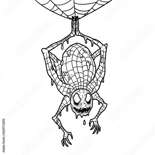 Spider with skull face hanging from web in black and white  