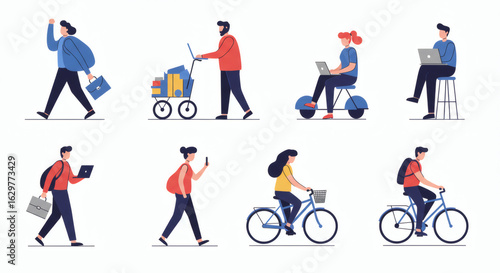 A set of flat vector illustrations depicting diverse people in modern life, commuting by walking or cycling and working with technology.