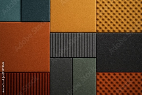 Abstract background of textured geometric acoustic panels in warm and cool tones