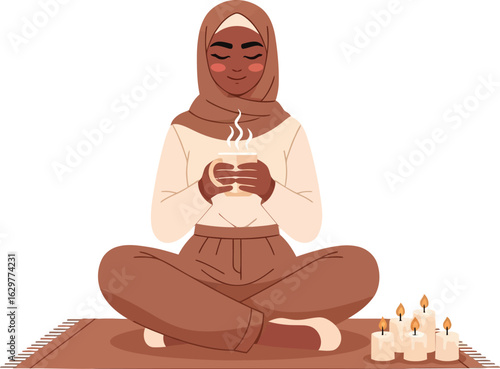 Woman in hijab meditating with candles and holding hot drink