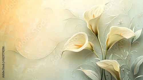 Elegant white calla lilies blooming in soft light nature digital art serene floral design peaceful environment