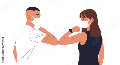 Illustration of people elbow bumping wearing face masks covid