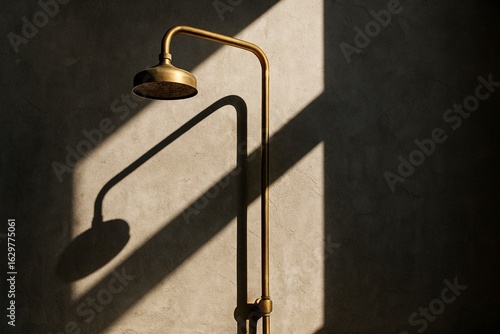 Modern brass shower head casting a dramatic shadow on a microcement wall