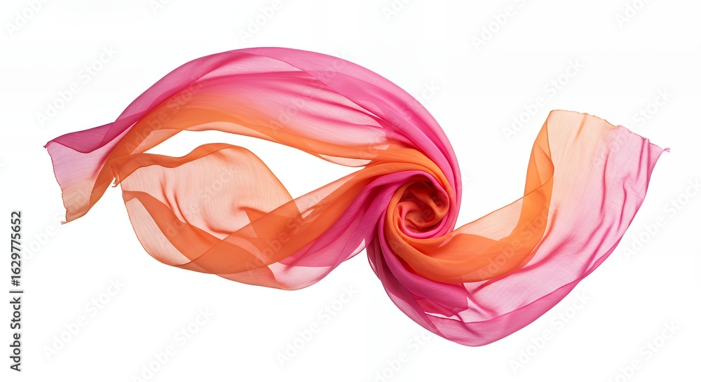 Fototapeta premium Colorful Pink and Orange Silk Fabric Twisting in Spiral Shape on White Background