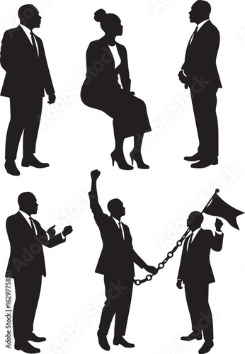 Businessmen silhouettes show leadership, teamwork, and overcoming challenges