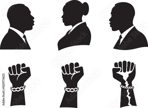 Diverse professionals united, fists raised in solidarity and power.