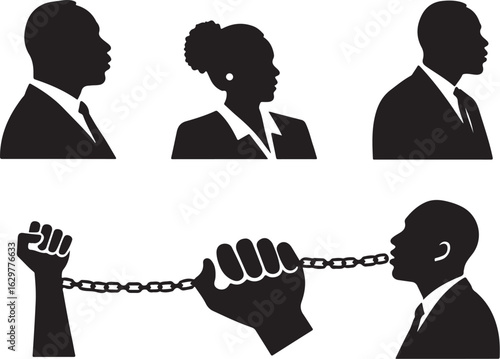 Business professionals linked by chain symbolizes control, connection, or oppression