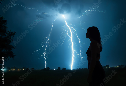 a woman's silhouette against a bright lightning bolt in the night sky and dark clouds