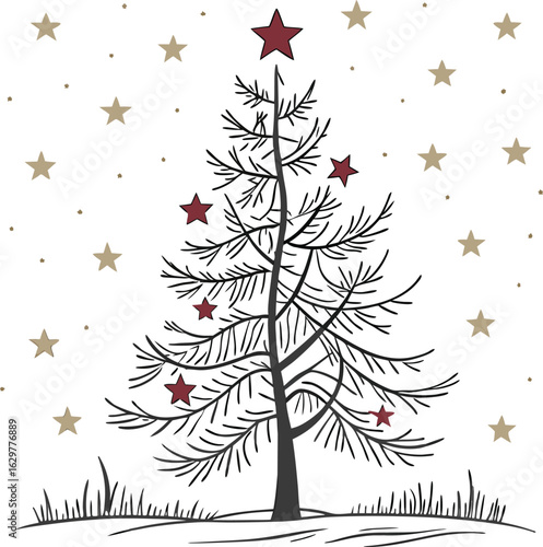 Vector illustration of a decorated Christmas fir tree with falling snowflakes against a winter forest landscape