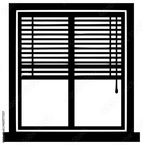 Window with blinders and old house on mountain facing sea
