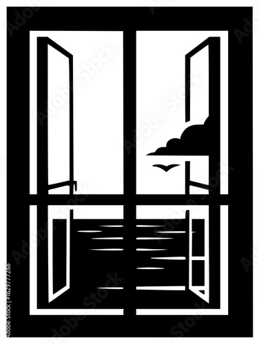 Window with blinders and old house on mountain facing sea