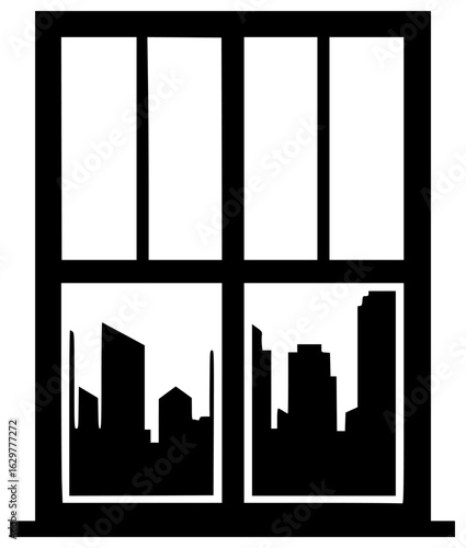 Window with blinders and old house on mountain facing sea