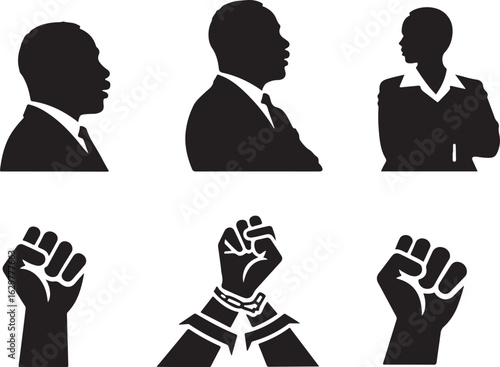 Diverse professionals and fists represent struggle and empowerment.