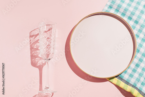  Minimalist retro picnic setting with sharp shadows, pink aesthetic