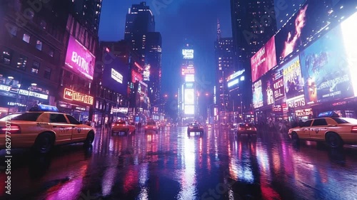 Neon City Nights: Rainy Times Square with Yellow Cabs
