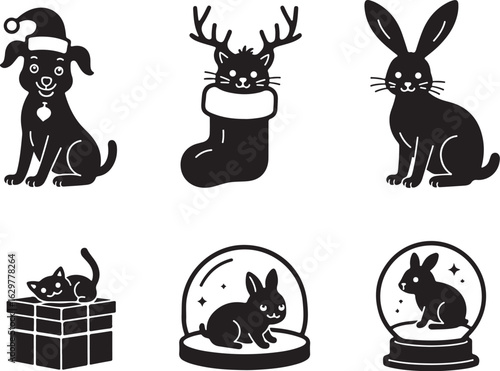 Cute holiday pets dog cat rabbit festive icons cheerful design