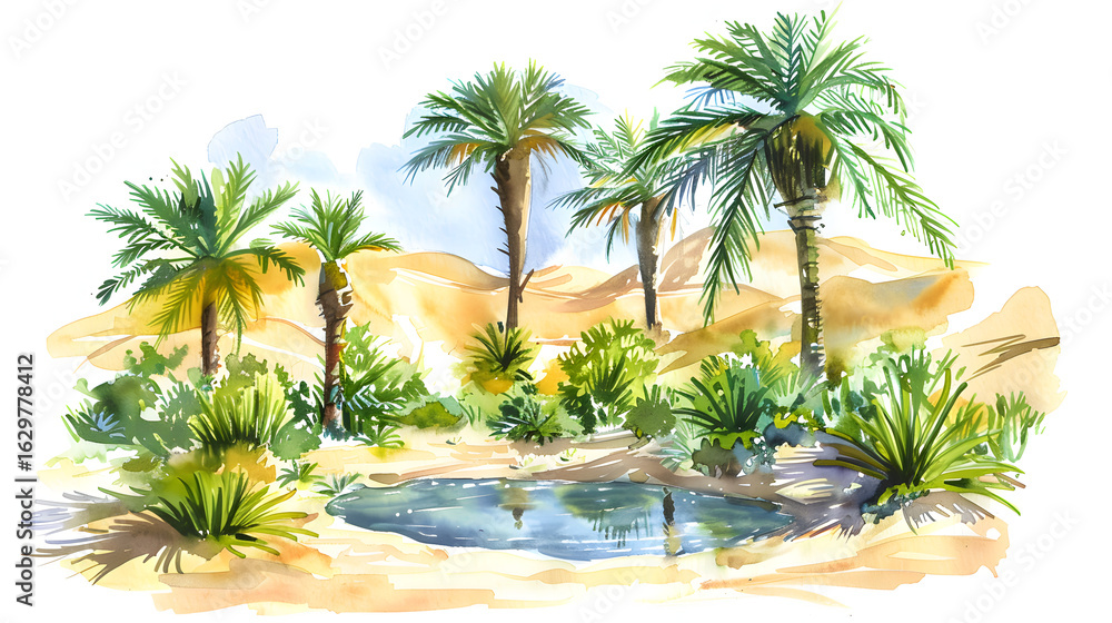 Fototapeta premium watercolor painting of a lush desert oasis