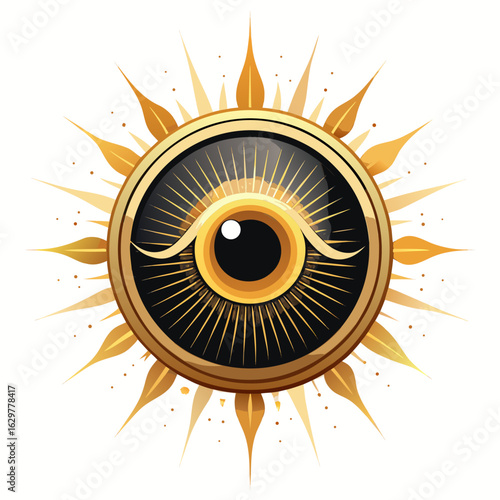 Golden eye of providence with sun rays isolated on white background
