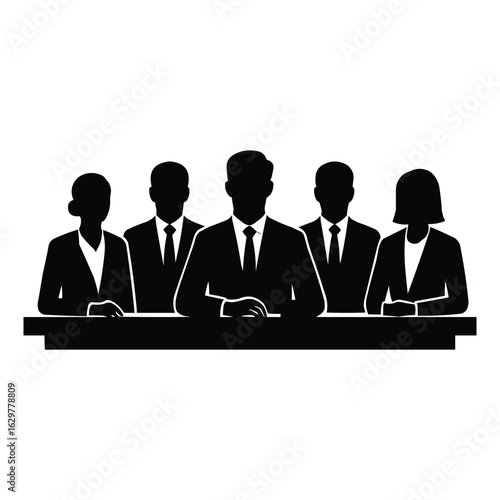 Five business professionals in formal attire seated at a table presented in a striking black silhouette style