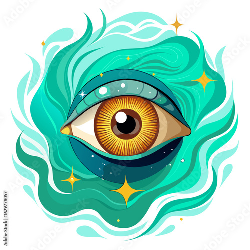 Mystical eye surrounded by flowing teal waves and stars isolated on white background