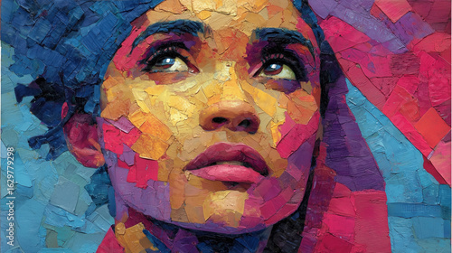 Expressive acrylic-style portrait of a young woman's vibrant expression