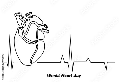 World Heart Day Continuous Line Art of Human Heart and EKG. Art. line icon-continuous line drawing. Editable stroke.