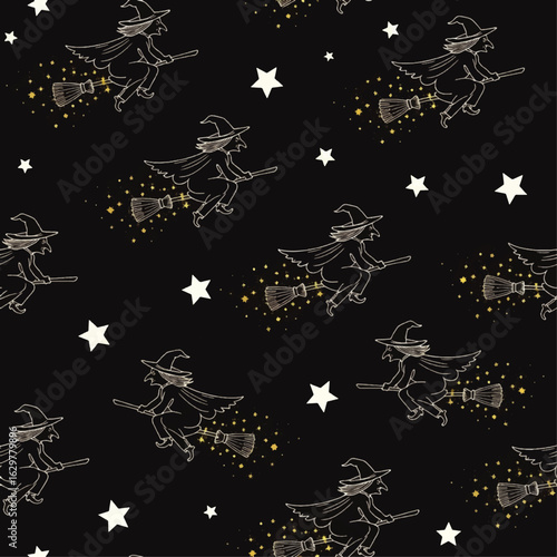 A repeating pattern of witches on broomsticks flying through the night sky, sprinkled with stars and sparkles.