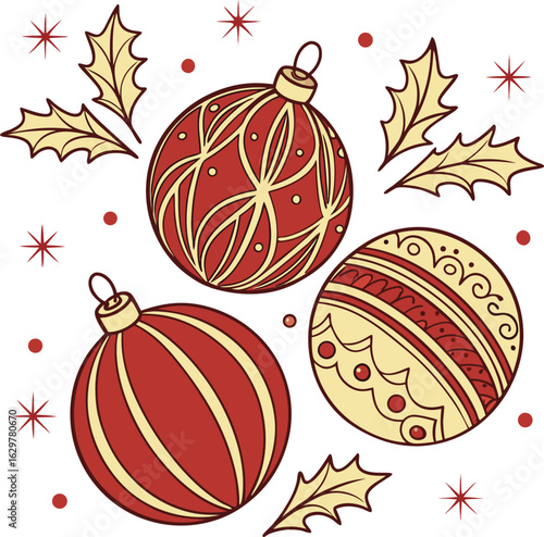 Fresh orange fruits and fall leaves create a seamless festive Christmas background with red balls