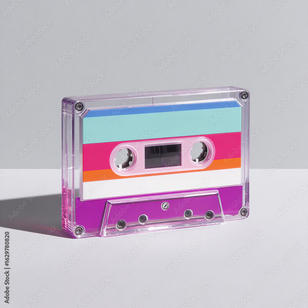 Obraz premium Colorful cassette tape with vibrant stripes on a clean white surface in natural light