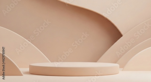 Minimalist 3D rendering of a beige podium on a background with abstract flowing waves for product presentation.
