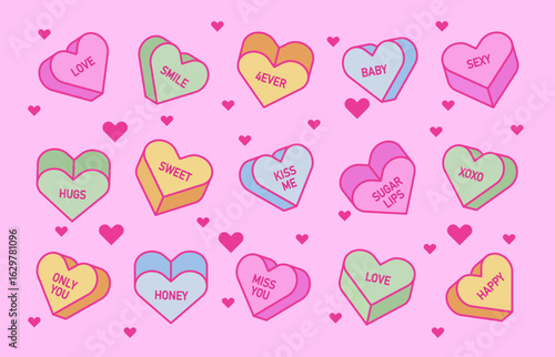 Heart candy collection with Valentine messages - colorful conversation hearts in pink, blue and yellow with sweet words. Floating love candies with sparkles for romantic celebration designs.