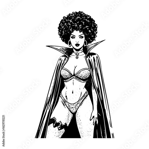 Illustration of	African American woman wear vampire pinup costume n Engraved Vintage Style