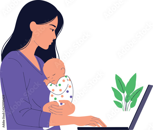 Working mom with baby using laptop remote work motherhood concept