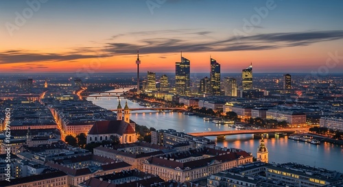 Beautiful aerial view of Vienna cityscape at sunset with the Danube River