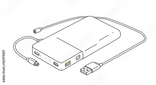 Illustration of a white power bank with two cables connected to it on a white background art vreated with genrated ai