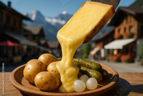 Traditional Swiss raclette cheese melting over boiled potatoes and pickles in a classic Alpine village with mountains.