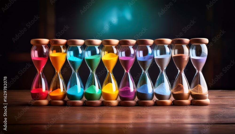 Fototapeta premium colorful hourglasses arranged on a wooden surface against a dark background time management efficiency routine