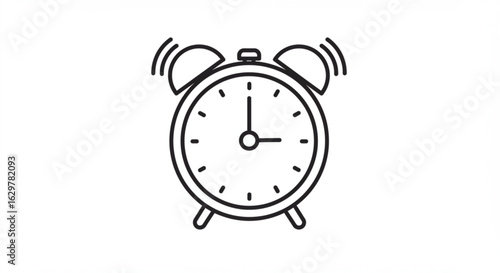 An outline drawing of a ringing alarm clock with two bells and hands indicating the time on the face vreated with genrated ai