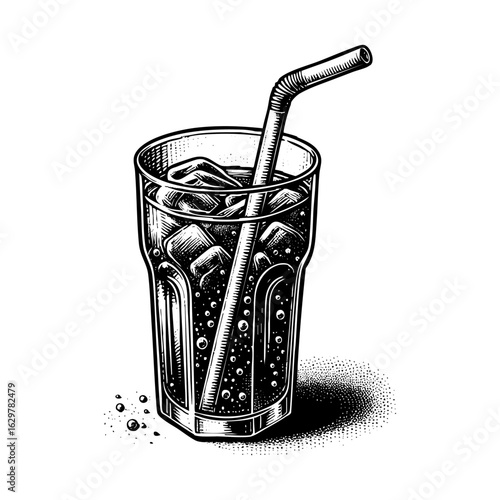Glass of soda with plastic straw	in Engraving Detailed Black and White Art Style