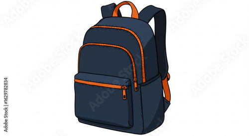 Illustration of a dark blue backpack with orange accents and zippers in a cartoon style design vreated with genrated ai