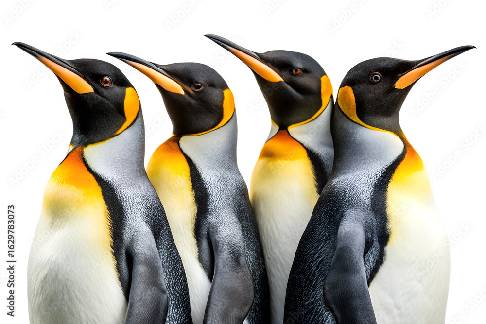 Fototapeta premium Four king penguins standing together, isolated on transparent background, showcasing their distinctive black, white, and orange plumage in a studio shot