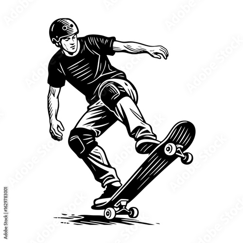 Man skateboarding in action wear helmet	sketch engraving in black and white vintage style collection PNG illustration