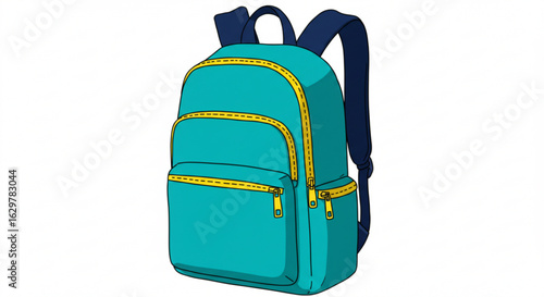 Illustration of a teal backpack with yellow trim and dark blue straps on a white background vreated with genrated ai