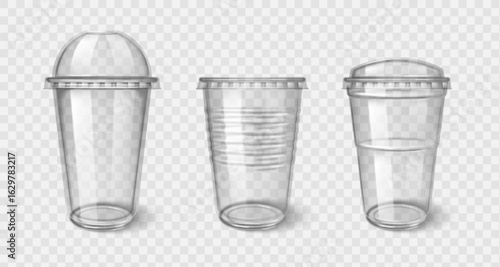 Plastic takeaway cups with transparent lid - clear disposable coffee, tea or cocktail containers. Beverage vessels with dome and flat covers for hot or cold drinks. Realistic takeaway glasses mockups
